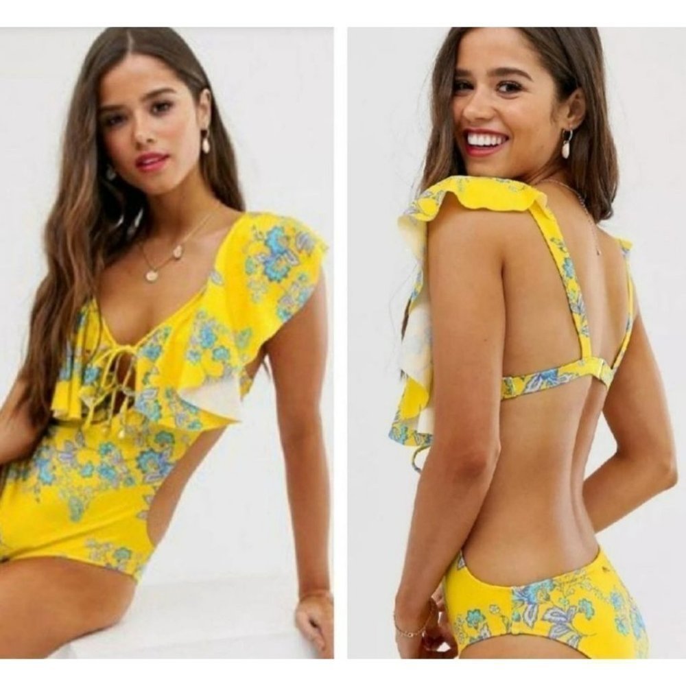 Sam Edelman Cut Out Yellow Ruffle Blue Floral One Piece Women's Swimsuit Size XS